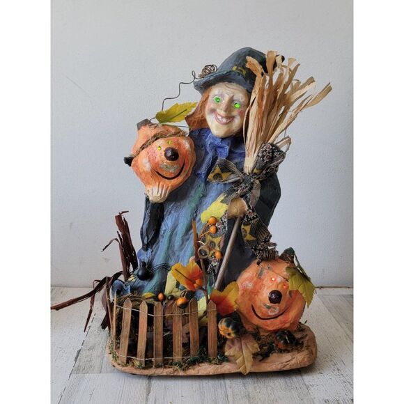 Vintage witch paper mache motion activated light up Halloween skeleton prop deco - Picture 4 of 16